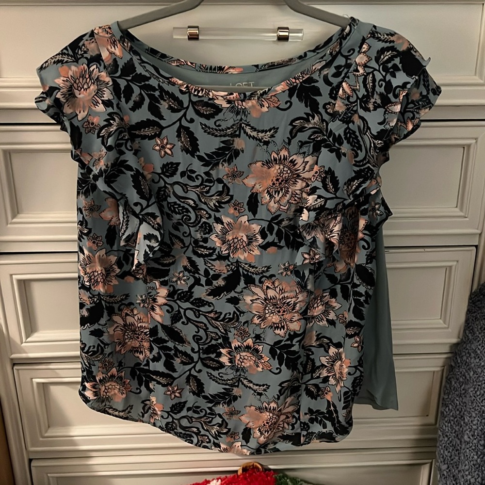 Loft Light Blue with Dark Blue and Pink Floral Print Short Sleeve Blouse
